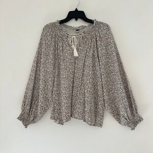 Old Navy Linen Blend Floral Long Sleeve Top XL Peasant Cottagecore Tassel Boho